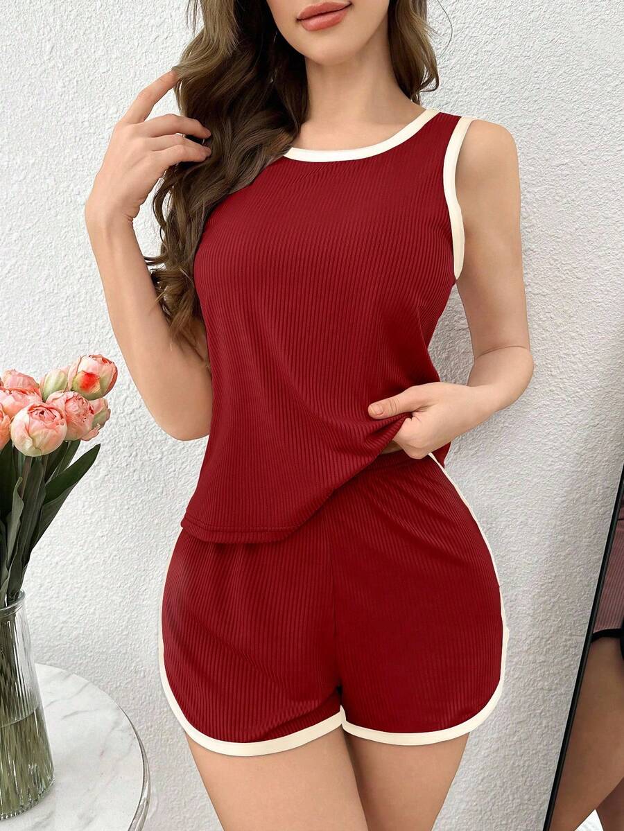 Women 2pcs Contrast Trim Ribbe - Tank Top Ribbed のレビューと価格